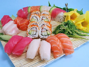sushi, sashimi and california maki HD wallpaper