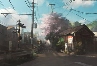 brown house and street painting, manga