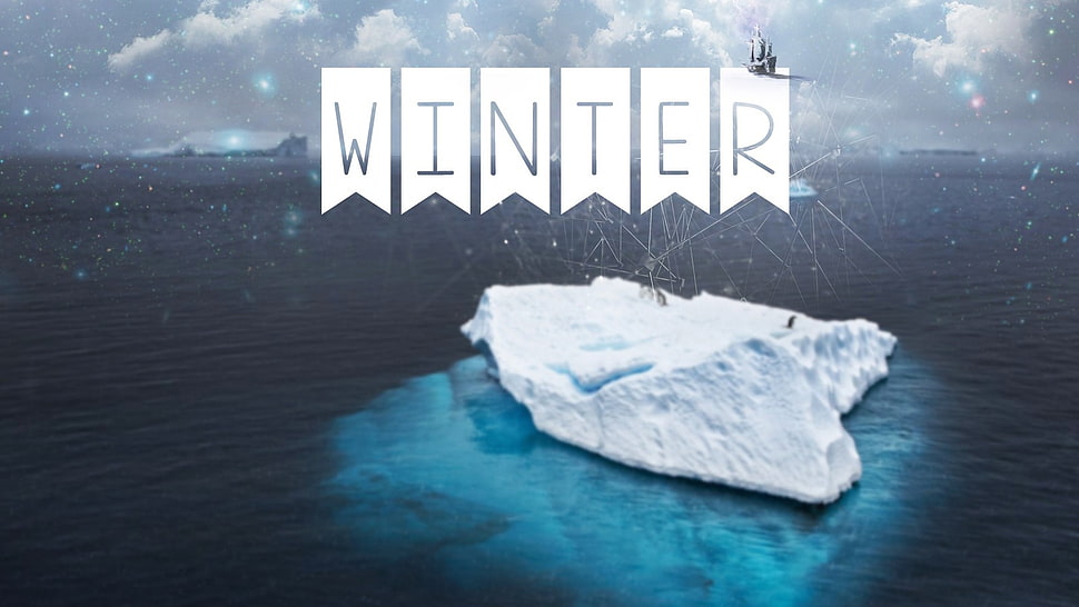 white ice burg, winter, blue, clouds, lights HD wallpaper