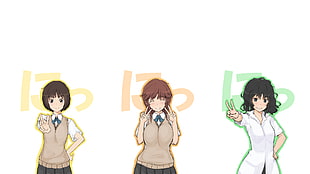three female anime character raising peace signs