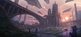 pagoda temple with bridge digital wallpaper, science fiction, palace, fantasy art, futuristic