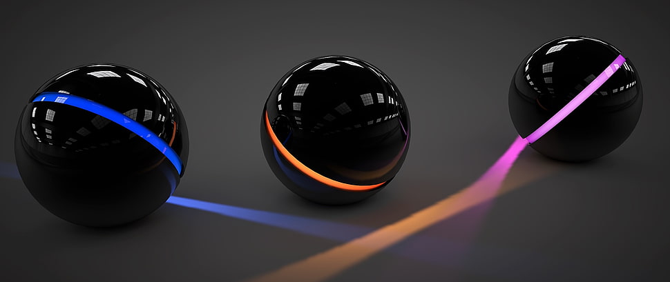 three round black electronic devices, 3D, sphere, ball, abstract HD wallpaper