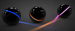 three round black electronic devices, 3D, sphere, ball, abstract