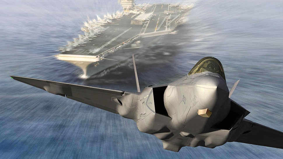 gray jet, video games, F-22 Raptor, aircraft carrier, Ace Combat 5: The Unsung War HD wallpaper