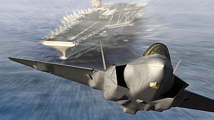 gray jet, video games, F-22 Raptor, aircraft carrier, Ace Combat 5: The Unsung War HD wallpaper