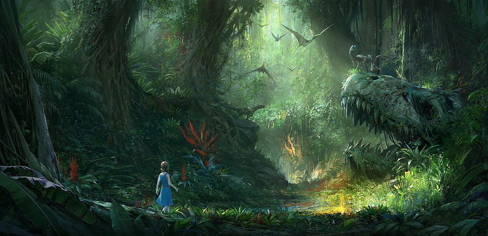 girl in woods painting, dinosaurs, wood, nature, forest HD wallpaper