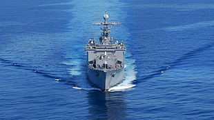 gray battleship, warship, vehicle, sea, ship HD wallpaper
