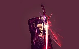 man holding purple and red light saber sword illustration