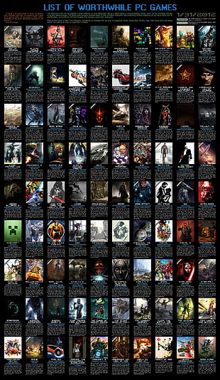assorted-title PC game poster collage with black background