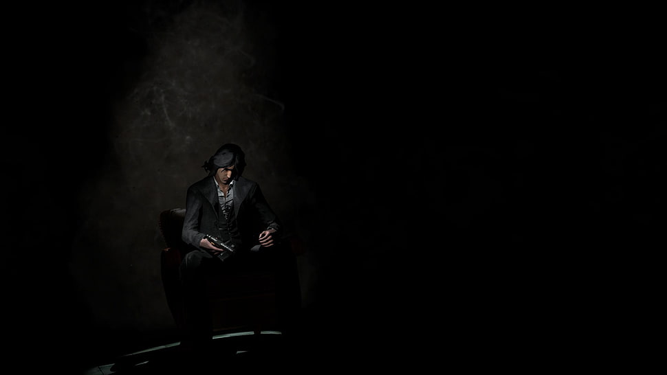 man sitting on chair holding gun illustration, The Darkness 2, the Darkness, black background, video games HD wallpaper