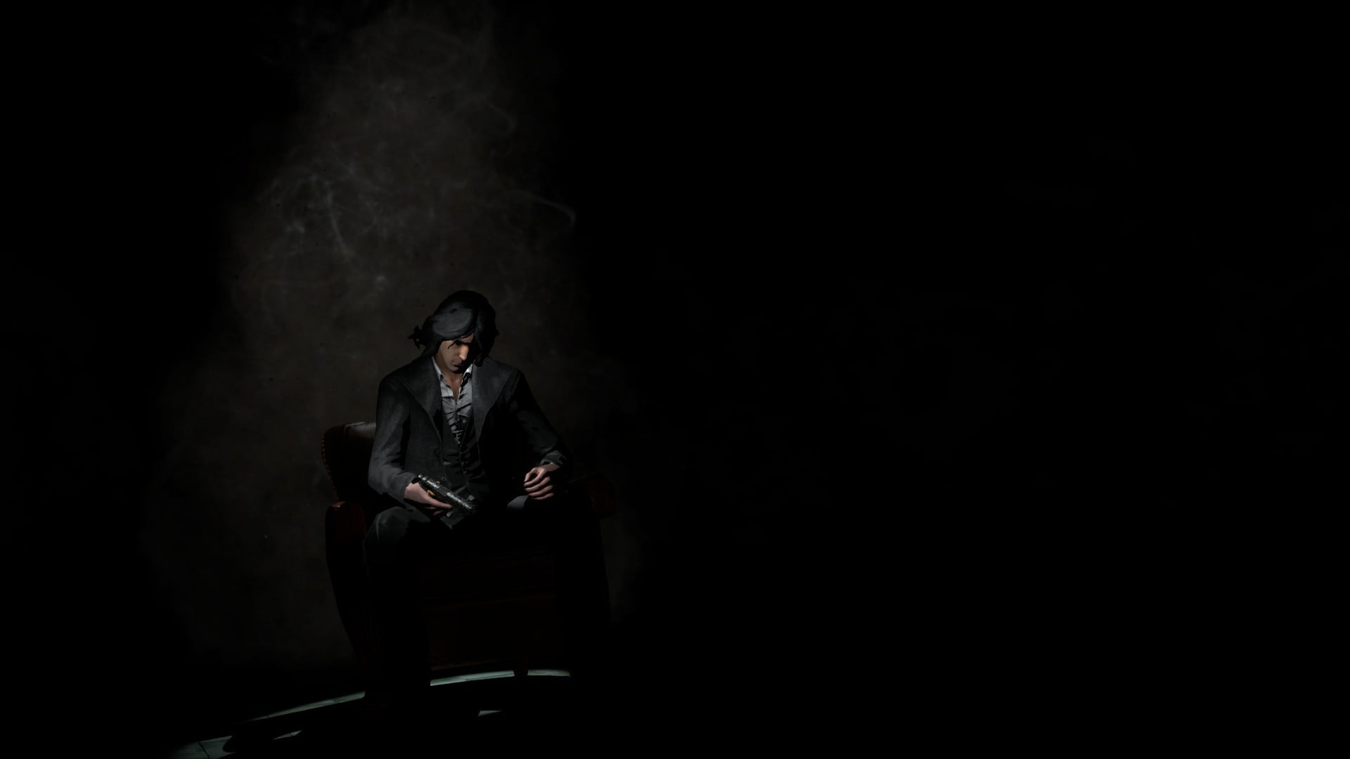 man sitting on chair holding gun illustration, The Darkness 2, the Darkness, black background, video games