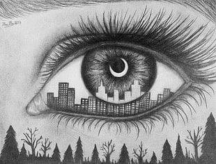 high rise building inside eye with big lashes sketch