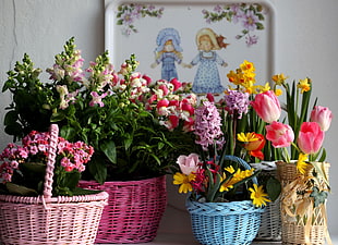 several assorted flower arrangement in baskets
