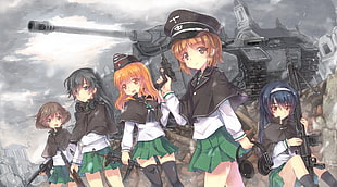 photo of all girls anime military officers with battle tank as background HD wallpaper