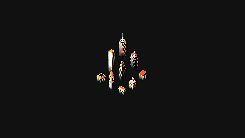 gray building illustration, illustration, isometric, black background, Architecture models HD wallpaper