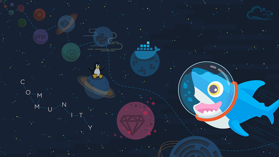 shark and solar system artwork, digitalocean HD wallpaper