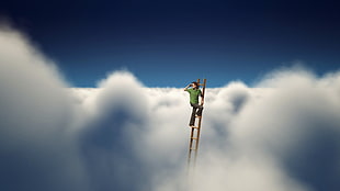 men's green shirt, clouds, ladders HD wallpaper