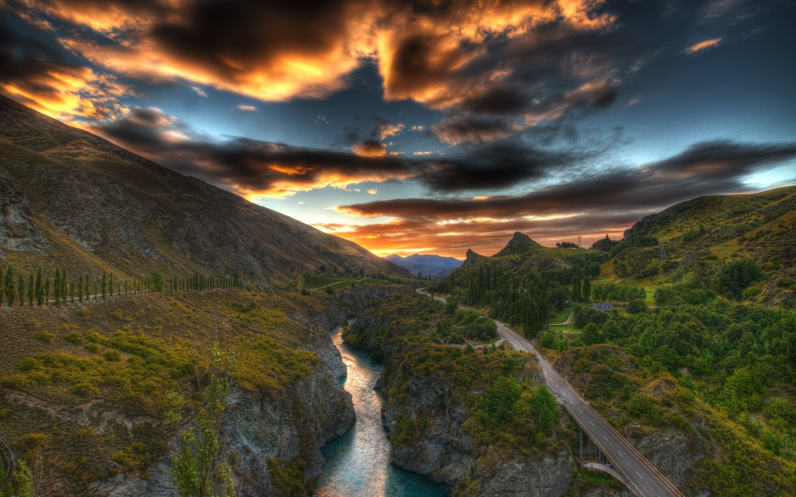 green forest, nature, landscape, sunset, river