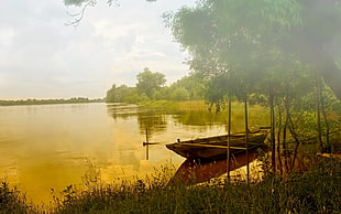 brown boat, lake, nature, boat, water HD wallpaper