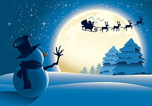 snowman and silhouette of Santa Claus riding sleigh digital wallpaper HD wallpaper