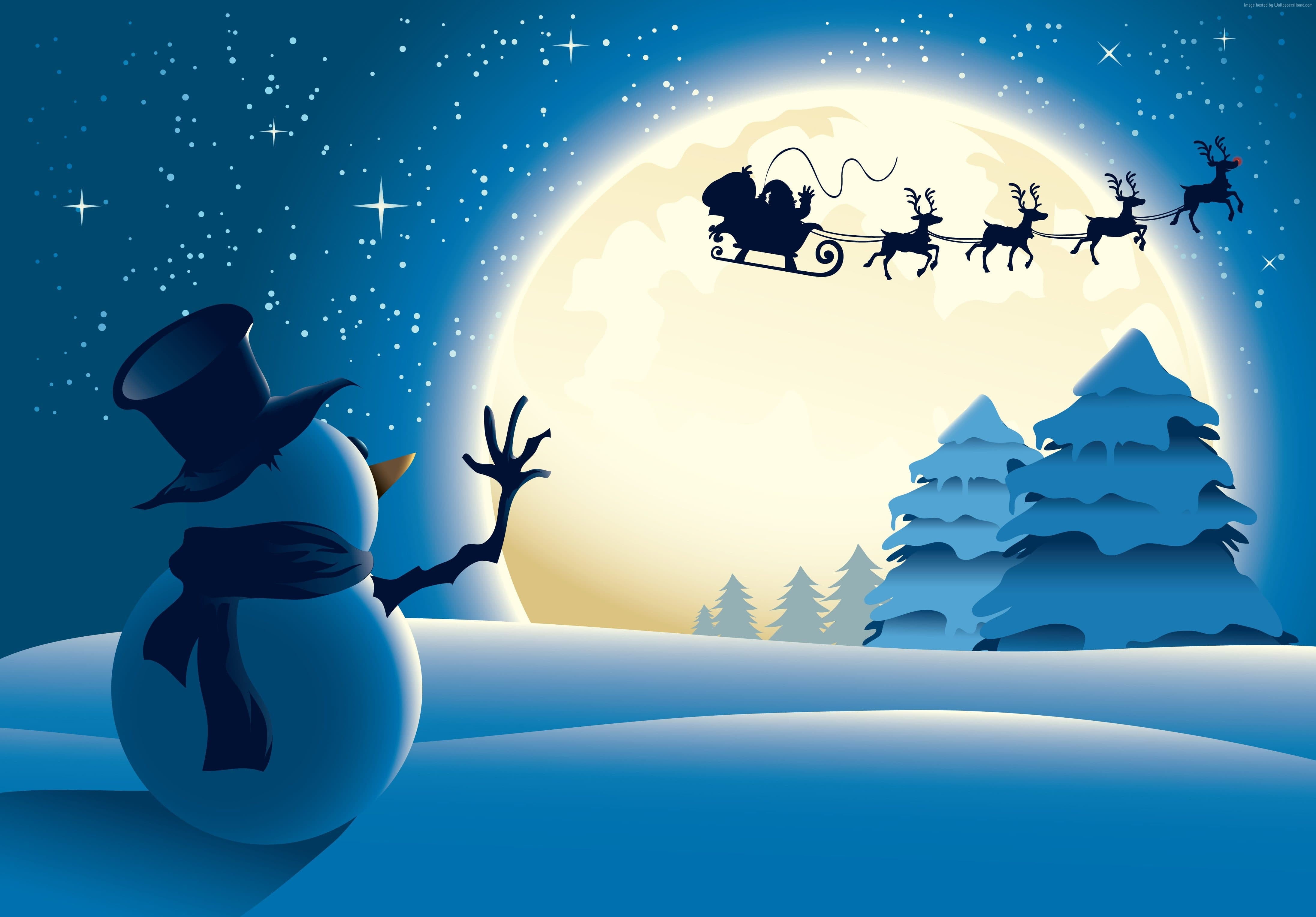 snowman and silhouette of Santa Claus riding sleigh digital wallpaper