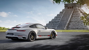 white Porsche sports on Ziggurat HD wallpaper