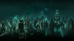 city during night with lights, video games, Rapture, BioShock, underwater