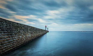 red and white lighthouse, blue, sea, wall, water