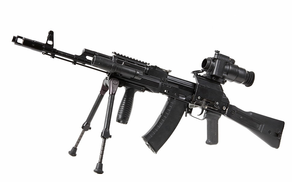 black assault rifle with stand and scope HD wallpaper