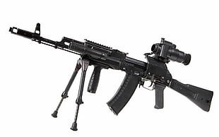 black assault rifle with stand and scope