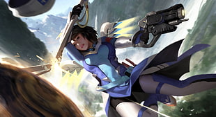 female anime character holding gun illustration, fantasy art, Overwatch