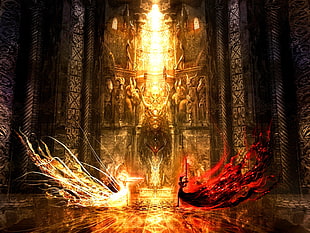 yellow and red animated digital wallpaper, fire, fighting, sword, fantasy art
