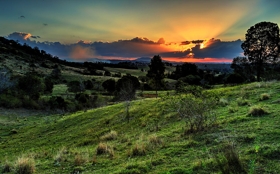 green mountain during sunrise HD wallpaper