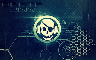 Pirate 2100 logo, skull, headphones, typography, digital art