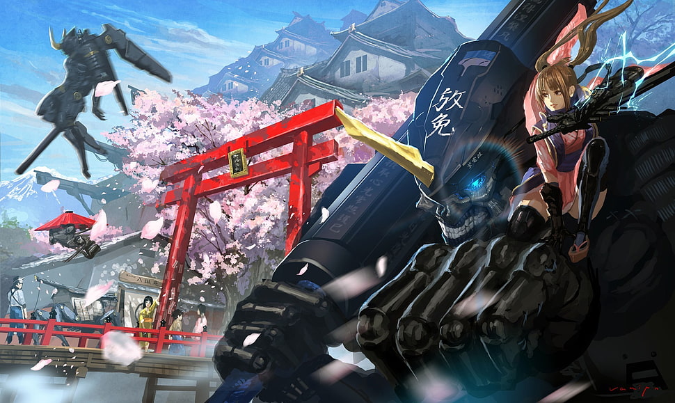 anime characters wallpaper, original characters, samurai, robot, mech HD wallpaper