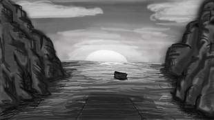 grayscale painting of boat on sea between rock formation, landscape, graphic design, boat, rock