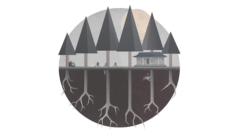 grey building surrounded tall trees artwork, Stranger Things, artwork HD wallpaper