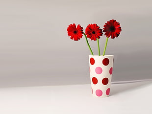 three red petal flower in white ceramic vase