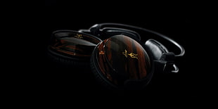 brown and black full-size headphones, headphones, music