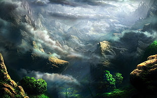 mountain under fog illustration, digital art, mountains, clouds