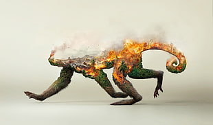 green and orange animal illustration, monkey, digital art, fire, forest