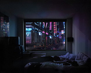 gray CRT TV, room, night, neon, people