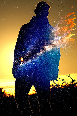 man's silhouette wallpaper, galaxy, sunset, Sun, blue