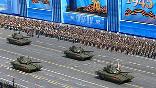 four green military tanks, military, Victory Day, Moscow, Russia