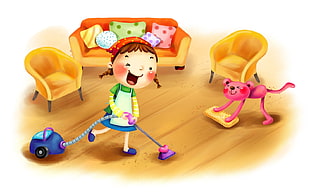 girl using vacuum cleaning house 3D Cartoon illustration