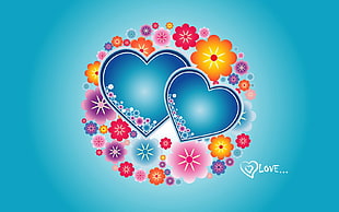 two blue Heart with flowers clip art