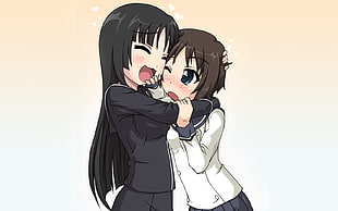 girl hugging girl anime digital wallpaper