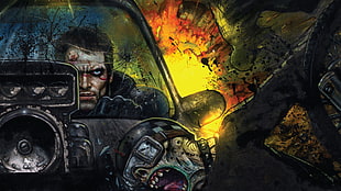 game illustration, car, explosion, Mad Max