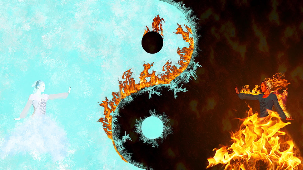 Yin Yang poster, fire, ice, Yin and Yang HD wallpaper