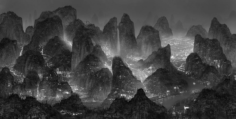 mountains digital wallpaper, mountains, lights, waterfall HD wallpaper